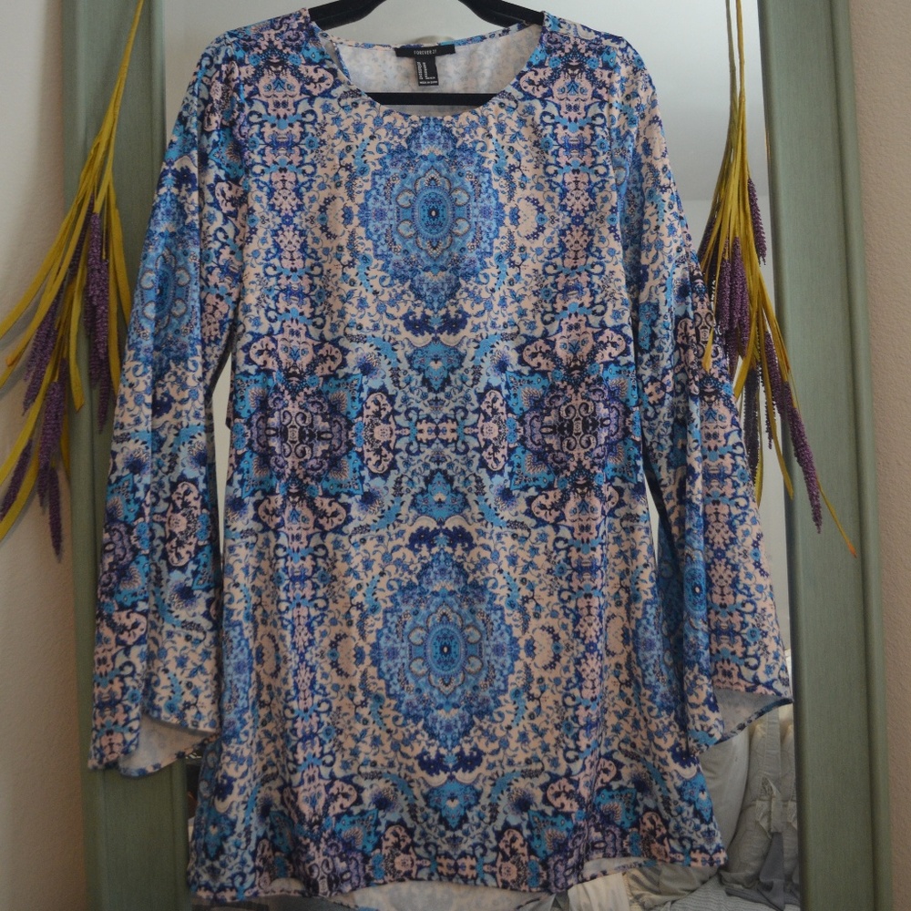 Bell Sleeve Light Blue Mini Dress with Open Back